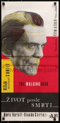 4p058 WALKING DEAD Yugoslavian 14x28 1968 creepy close up art of Boris Karloff by Sasa Nikolic!