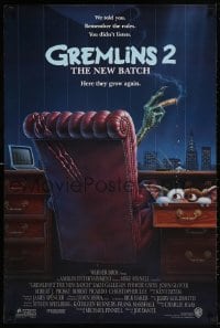 4r680 GREMLINS 2 advance DS 1sh 1990 great Winters artwork of Gremlin in executive chair!