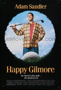 4r685 HAPPY GILMORE 1sh 1996 image of Adam Sandler, he doesn't play, he destroys golf!