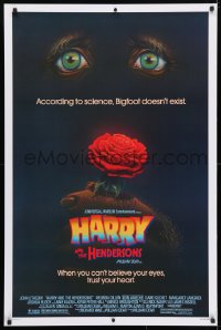4r688 HARRY & THE HENDERSONS 1sh 1987 John Lithgow, Bigfoot, cool art of eyes and hand holding rose