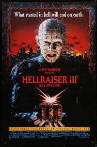 4r693 HELLRAISER III: HELL ON EARTH 1sh 1992 Clive Barker, great c/u image of Pinhead holding cube!