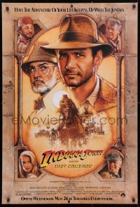 4r715 INDIANA JONES & THE LAST CRUSADE advance 1sh 1989 Ford/Connery over a brown background by Drew