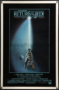 4r856 RETURN OF THE JEDI 1sh 1983 George Lucas, art of hands holding lightsaber by Reamer!