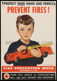 4r408 PROTECT YOUR HOME & FAMILY PREVENT FIRES 17x24 special poster 1950s art of boy holding fire engine!