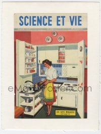 4s178 LA SCIENCE ET LA VIE linen French magazine cover March 1949 art of housewife in kitchen!