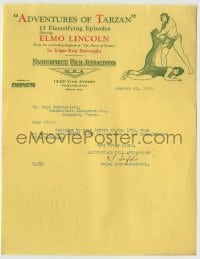 4s286 ADVENTURES OF TARZAN 9x11 booking letter January 20, 1922 cool letterhead of Elmo Lincoln!