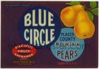 4s083 BLUE CIRCLE 8x11 produce crate label 1950s Placer County mountain pears!