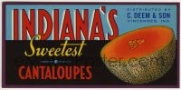 4s096 INDIANA'S SWEETEST CANTALOUPES 4x8 produce crate label 1950s melons from Vincennes, Indiana!