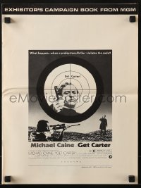 4s682 GET CARTER pressbook 1971 cool image of Michael Caine with gun in assassin's scope!