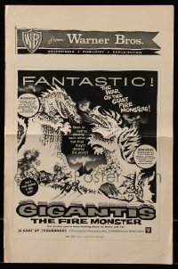 4s687 GIGANTIS THE FIRE MONSTER pressbook 1959 cool artwork of Godzilla breathing flames at Angurus!