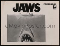 4s744 JAWS pressbook 1975 art of Steven Spielberg's classic man-eating shark attacking sexy swimmer!