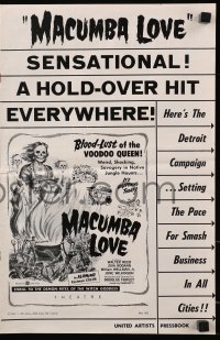 4s784 MACUMBA LOVE pressbook 1960 weird, shocking savagery in native jungle, art of voodoo queen!