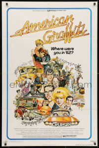 4t043 AMERICAN GRAFFITI 1sh 1973 George Lucas teen classic, Mort Drucker montage art of cast!