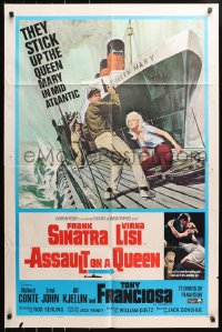 4t056 ASSAULT ON A QUEEN 1sh 1966 art of Frank Sinatra & sexy Virna Lisi on submarine deck!