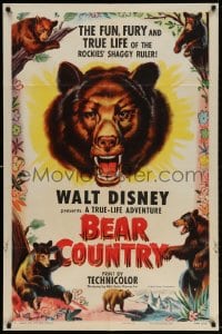 4t087 BEAR COUNTRY 1sh 1953 Disney True-Life Adventure, cool bear artwork!