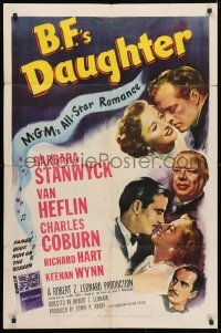 4t060 B.F.'S DAUGHTER 1sh 1948 romantic c/u of Barbara Stanwyck & Van Heflin, Charles Coburn!