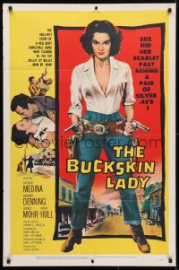 4t146 BUCKSKIN LADY 1sh 1957 sexy full-length bad cowgirl Medina with both guns drawn!