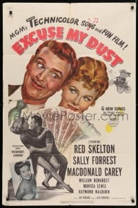 4t276 EXCUSE MY DUST 1sh 1951 art of Red Skelton being kissed by two pretty girls!