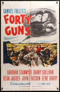4t303 FORTY GUNS 1sh 1957 Samuel Fuller, art of Barbara Stanwyck & Barry Sullivan on horseback!