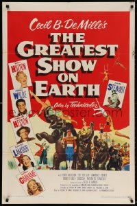 4t351 GREATEST SHOW ON EARTH 1sh 1952 best image of James Stewart, Betty Hutton & Emmett Kelly!