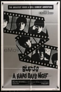4t372 HARD DAY'S NIGHT 1sh R1982 great image of The Beatles on film strip, rock & roll classic!