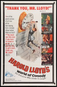 4t376 HAROLD LLOYD'S WORLD OF COMEDY 1sh 1962 classic image hanging from clock from Safety Last!