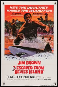 4t424 I ESCAPED FROM DEVIL'S ISLAND 1sh 1973 cool art of Jim Brown swimming w/sharks!