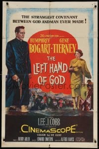 4t503 LEFT HAND OF GOD 1sh 1955 art of priest Humphrey Bogart with gun + sexy Gene Tierney!