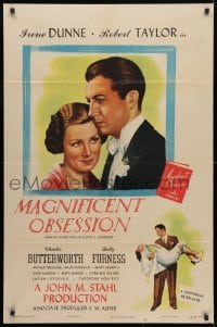 4t546 MAGNIFICENT OBSESSION 1sh R1947 great romantic art image of Irene Dunne & Robert Taylor!