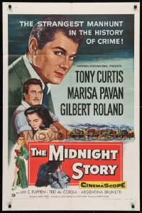 4t573 MIDNIGHT STORY 1sh 1957 Tony Curtis in the strangest San Francisco manhunt in crime's history!