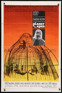 4t670 PLANET OF THE APES 1sh 1968 Charlton Heston, classic sci-fi, cool art of caged humans!