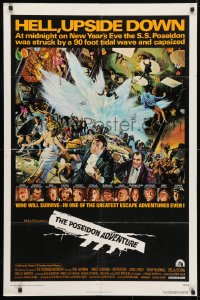 4t681 POSEIDON ADVENTURE 1sh 1972 art of Gene Hackman & cast escaping by Mort Kunstler!