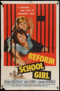 4t708 REFORM SCHOOL GIRL 1sh 1957 classic AIP bad girl catfight behind prison cell bars art!