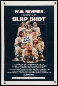 4t782 SLAP SHOT 1sh 1977 Paul Newman hockey sports classic, great cast portrait art by Craig
