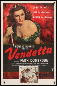 4t944 VENDETTA 1sh 1950 Howard Hughes, art of sexy bad girl Faith Domergue holding knife!