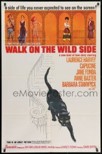 4t955 WALK ON THE WILD SIDE 1sh 1962 cool artwork of black cat on stairs & sexy stars on balcony!
