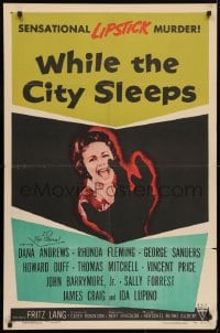 4t968 WHILE THE CITY SLEEPS 1sh 1956 great image of Lipstick Killer's victim, Fritz Lang!
