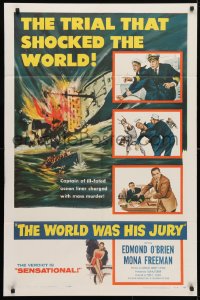 4t987 WORLD WAS HIS JURY 1sh 1958 Navy sailor Edmond O'Brien, Mona Freeman, art of sinking ship!