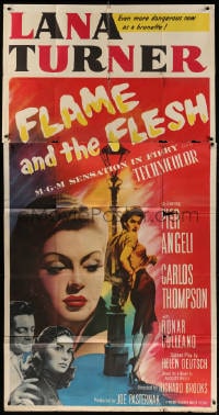 4w073 FLAME & THE FLESH 3sh 1954 artwork of sexy brunette bad girl Lana Turner, plus Pier Angeli!