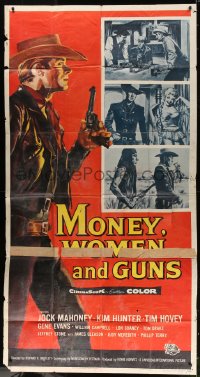 4w135 MONEY, WOMEN & GUNS 3sh 1958 cool full-length art of cowboy Jock Mahoney with revolver!