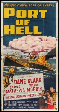 4w176 PORT OF HELL 3sh 1954 art of Communist ship with atom bombs about to blow!
