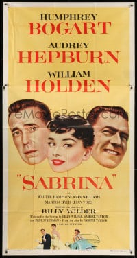 4w197 SABRINA 3sh 1954 Audrey Hepburn between Humphrey Bogart & William Holden, Billy Wilder!