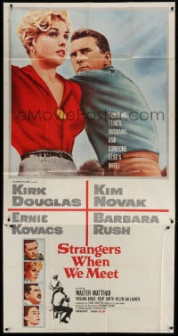 4w225 STRANGERS WHEN WE MEET 3sh 1960 c/u of Kirk Douglas & sexy Kim Novak, who is not his wife!