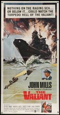 4w249 VALIANT 3sh 1962 John Mills, cool artwork of World War II battleship under fire!