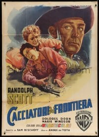 4w339 BOUNTY HUNTER Italian 1p 1954 Martinati art of Randolph Scott & girls catfighting over gun!