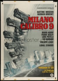 4w347 CALIBER 9 Italian 1p 1972 Milano calibro 9, cool Casaro art of gun in motion over city!