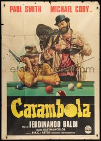 4w350 CARAMBOLA Italian 1p 1974 wonderful spaghetti western art of cowboys sitting at pool table!