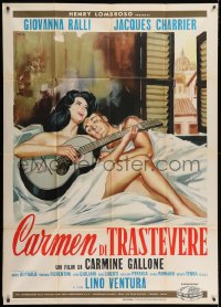 4w352 CARMEN DI TRASTEVERE Italian 1p 1962 Symeoni art of sexy Giovanna Ralli with guitar in bed!
