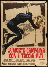 4w397 DEATH STALKS ON HIGH HEELS Italian 1p 1971 Symeoni art of murderer slashing girl's throat!