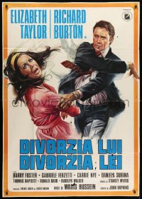 4w407 DIVORCE HIS DIVORCE HERS Italian 1p 1973 different art of Richard Burton slapping Liz Taylor!